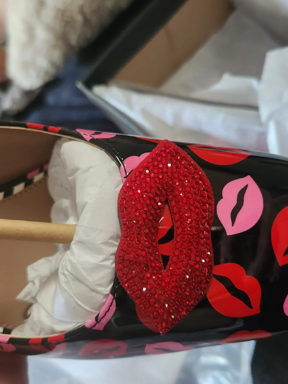 Betsey Johnson Black Patent Kiss Print Heels with Red Lip Accent
